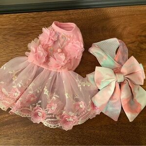 NWOT Pink Floral Dog Harness Dress with Bow and Fancy Dress